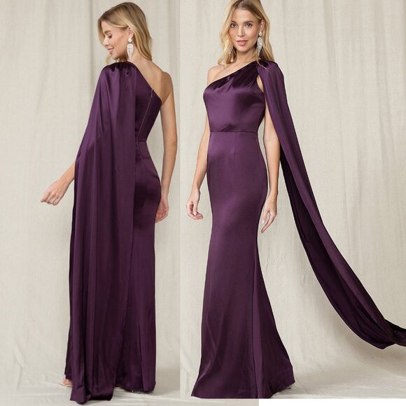 Eggplant Purple One Shoulder Satin Formal Prom Wedding guest Dress 8 - Picture 4 of 4